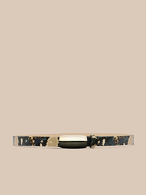 The Marlowe Leather Belt, handcrafted in LA, features black and tan python-embossed leather and a shiny gold rectangular buckle, shown on a beige background.