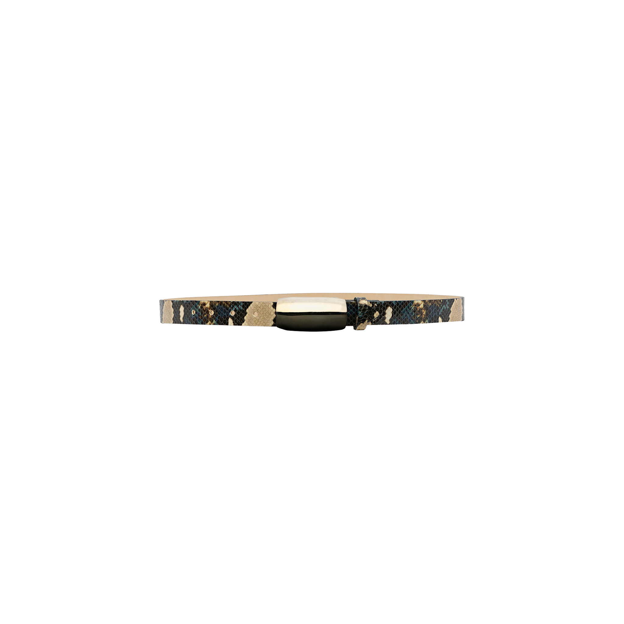 The Marlowe Leather Belt is a slim python-embossed leather accessory featuring a black, brown, and beige snakeskin pattern and a shiny gold clasp, displayed on a light gray background.