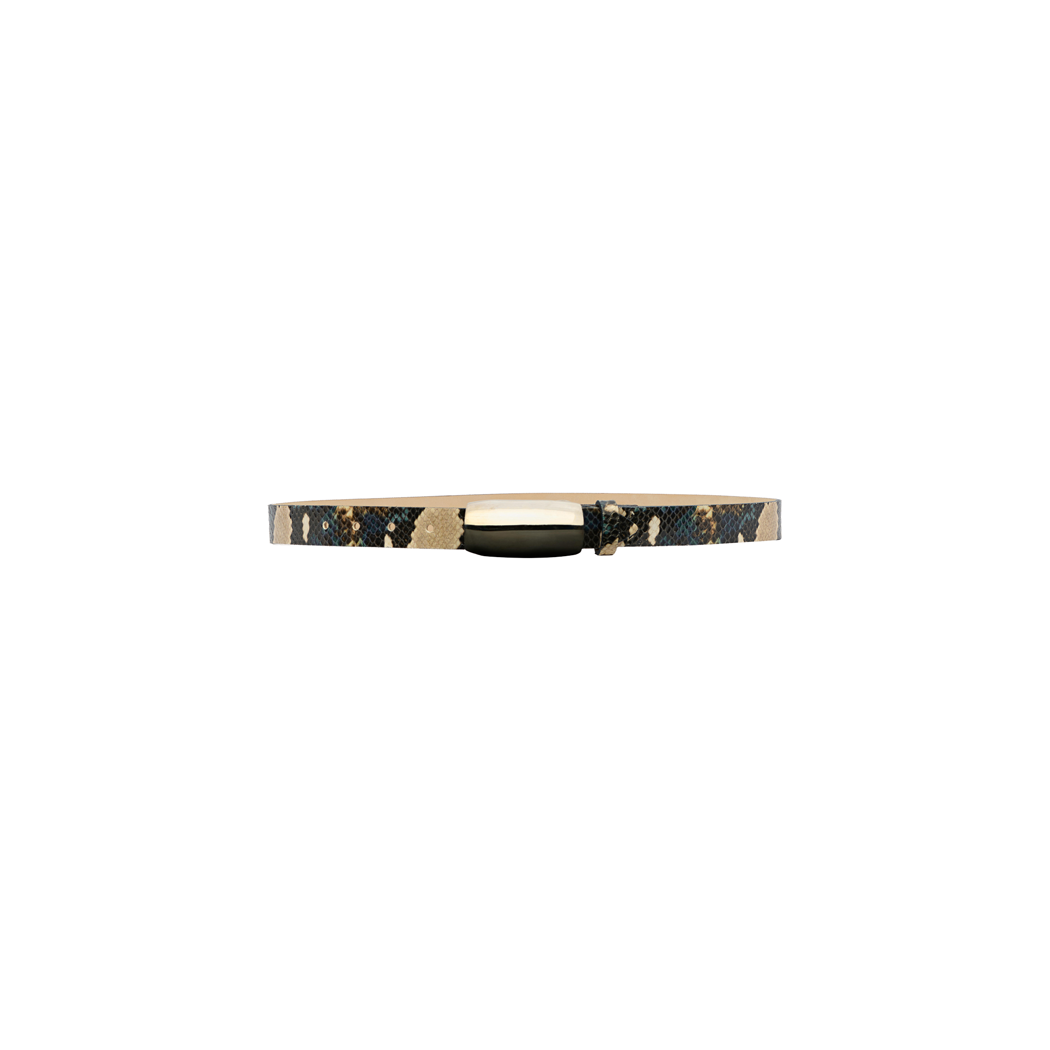 The Marlowe Leather Belt is a slim python-embossed leather accessory featuring a black, brown, and beige snakeskin pattern and a shiny gold clasp, displayed on a light gray background.