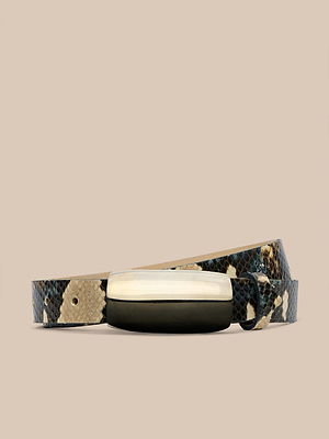 The Marlowe Leather Belt, made from python-embossed leather in blue, beige, and brown shades with a rectangular silver-plated buckle, is displayed on a plain beige background.