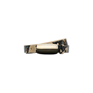 The Marlowe Leather Belt, crafted from python-embossed leather in beige and black, features a shiny gold rectangular buckle and is showcased against a plain white background. Handcrafted in LA.