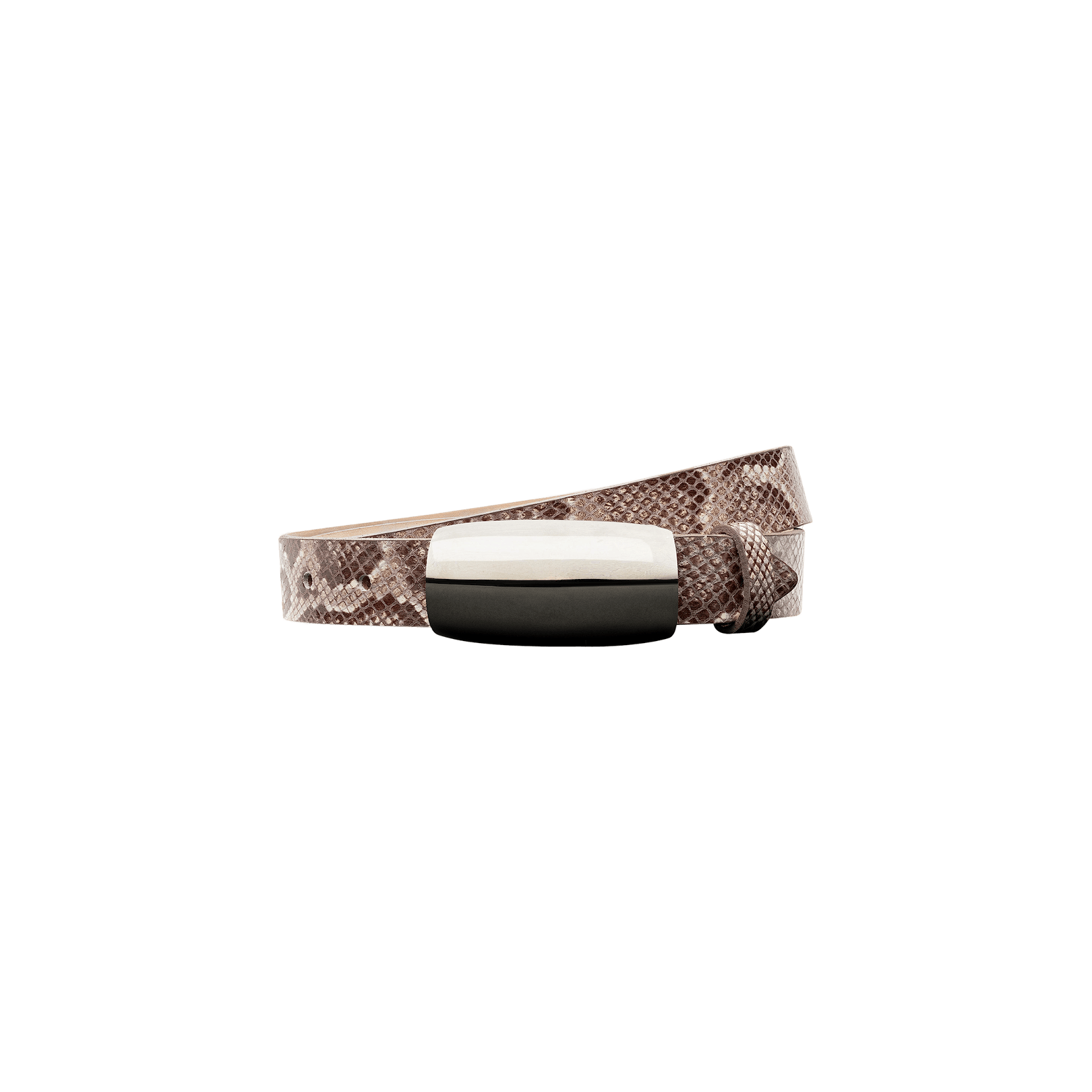 The Marlowe Leather Belt, handcrafted in LA from brown python-embossed leather and featuring a shiny silver rectangular buckle, is displayed against a plain white background.