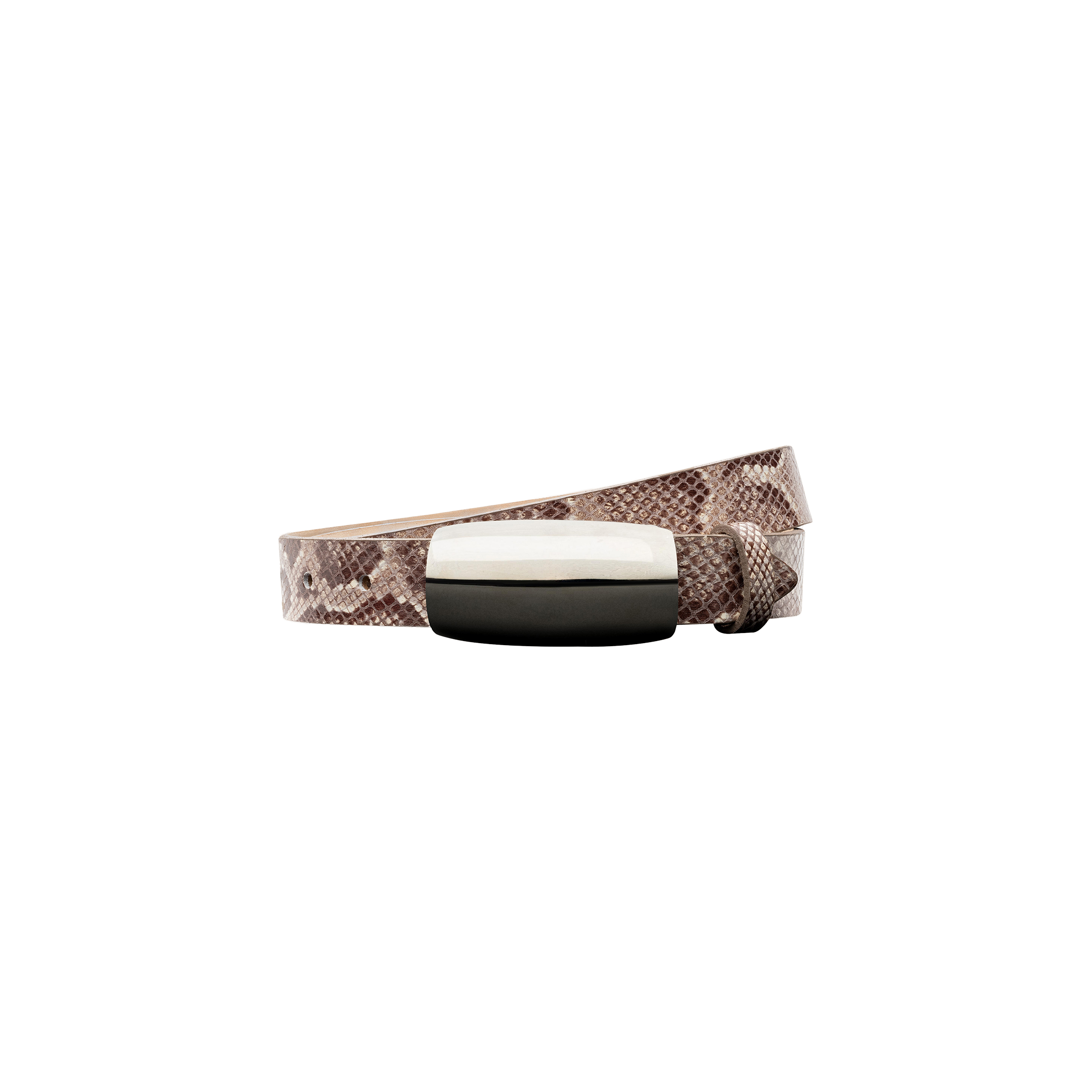 The Marlowe Leather Belt, handcrafted in LA from brown python-embossed leather and featuring a shiny silver rectangular buckle, is displayed against a plain white background.