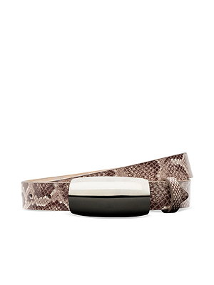 The Marlowe Leather Belt, crafted in LA from Italian brown python-embossed leather with a rectangular matte metal buckle, is coiled and looped through the buckle, displayed on a white background.