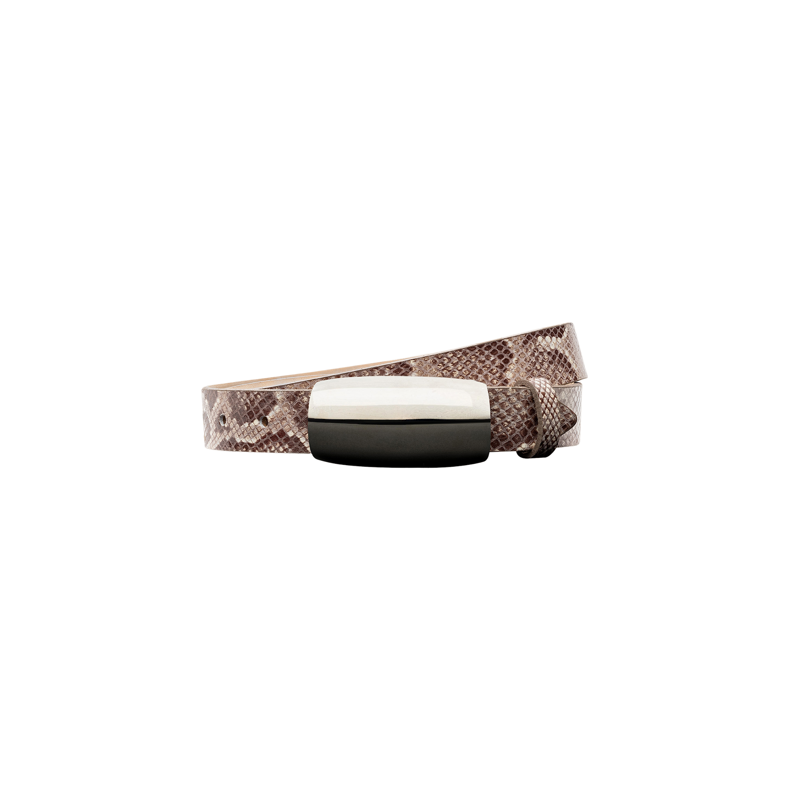 The Marlowe Leather Belt is a brown python-embossed leather accessory featuring a shiny silver rectangular buckle, handcrafted in LA and shown against a plain white background.