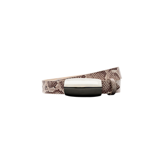 The Marlowe Leather Belt, handcrafted from Italian-sourced brown python-embossed leather and featuring a shiny rectangular silver buckle, is displayed on a plain white background.