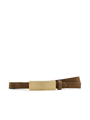 The Elyse Suede Belt by L'AGENCE features brown suede calfskin leather and a textured rectangular 24k gold buckle, handcrafted in Los Angeles and shown against a white background.