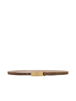 The Elyse Suede Belt by L’AGENCE is a thin brown calfskin belt with a rectangular 24k gold buckle, handcrafted in Los Angeles and shown on a white background.