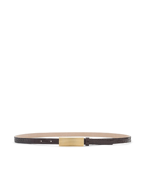 The Elyse Croc-Embossed Leather Belt by L'AGENCE is a slim brown calfskin belt with a rectangular 24k gold-plated buckle, shown arranged in a circle on a white background.
