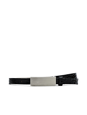 The L'AGENCE Elyse Croc-Embossed Leather Belt in black features a textured silver rectangular buckle, shown on a white background.