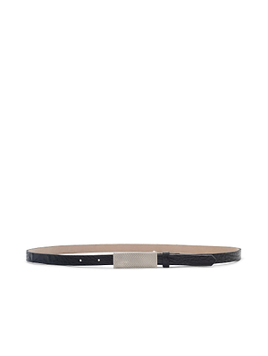 The Elyse Croc-Embossed Leather Belt by L'AGENCE features thin black croc-embossed leather and a rectangular silver textured buckle, shown against a white background.