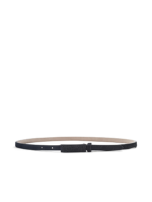 The Haven Calf Hair Leather Belt is a slim black belt crafted from Italian calf hair leather, with a simple buckle and textured pattern near the clasp, shown laid flat on a white background.