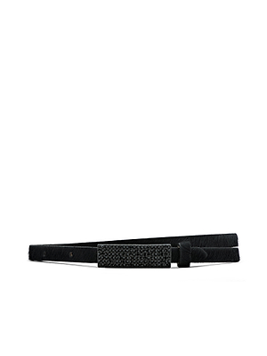 The Haven Calf Hair Leather Belt, a slim black Italian calfskin accessory with a textured rectangular buckle, is displayed against a plain white background.