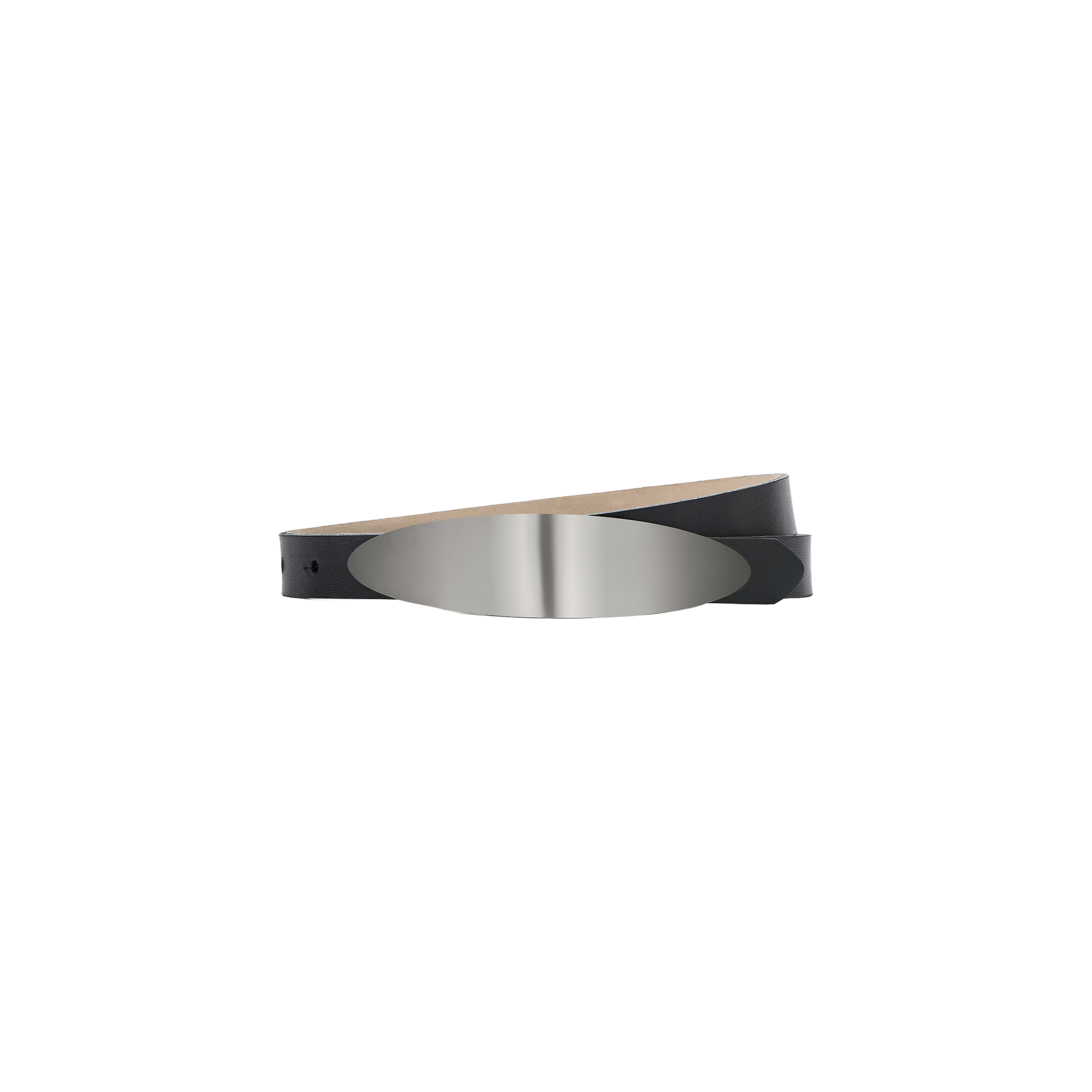 The Maroux Leather Belt, handcrafted in LA, features black leather and a wide, shiny silver-plated oval buckle. It is displayed on a plain white background.