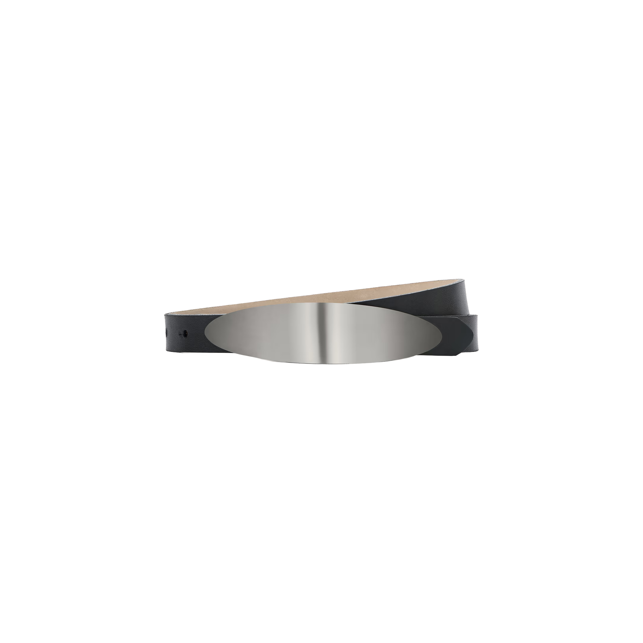 The Maroux Leather Belt, handcrafted in LA, features black leather and a wide, shiny silver-plated oval buckle. It is displayed on a plain white background.