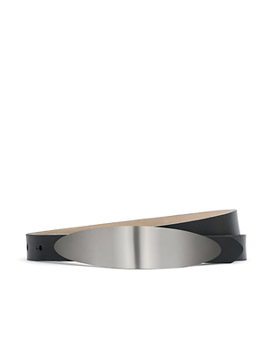 The Maroux Leather Belt is black leather with a large, oval silver-plated buckle, handcrafted in LA and displayed on a white background.