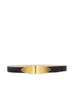 The Maroux Leather Belt features black leather and a large, oval gold-plated buckle, shining against a white background. Handcrafted in LA for timeless appeal.