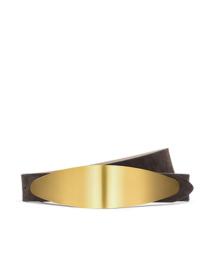 The Maroux Leather Belt, handcrafted in LA from rich coffee brown leather, features a large shiny gold-plated buckle and is displayed against a white background.