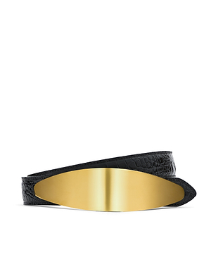 The Maroux Croc-Embossed Leather Belt, featuring black leather and a wide, shiny gold-plated buckle, is displayed against a white background.