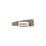 The Marlowe Croc-Embossed Leather Belt, handcrafted in LA from Italian-sourced taupe leather and finished with a sleek, rectangular silver buckle, is shown against a plain white background.