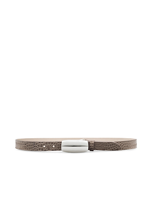 The Marlowe Croc-Embossed Leather Belt in taupe is handcrafted in LA, features a smooth, rounded silver buckle, and is shown against a plain white background.