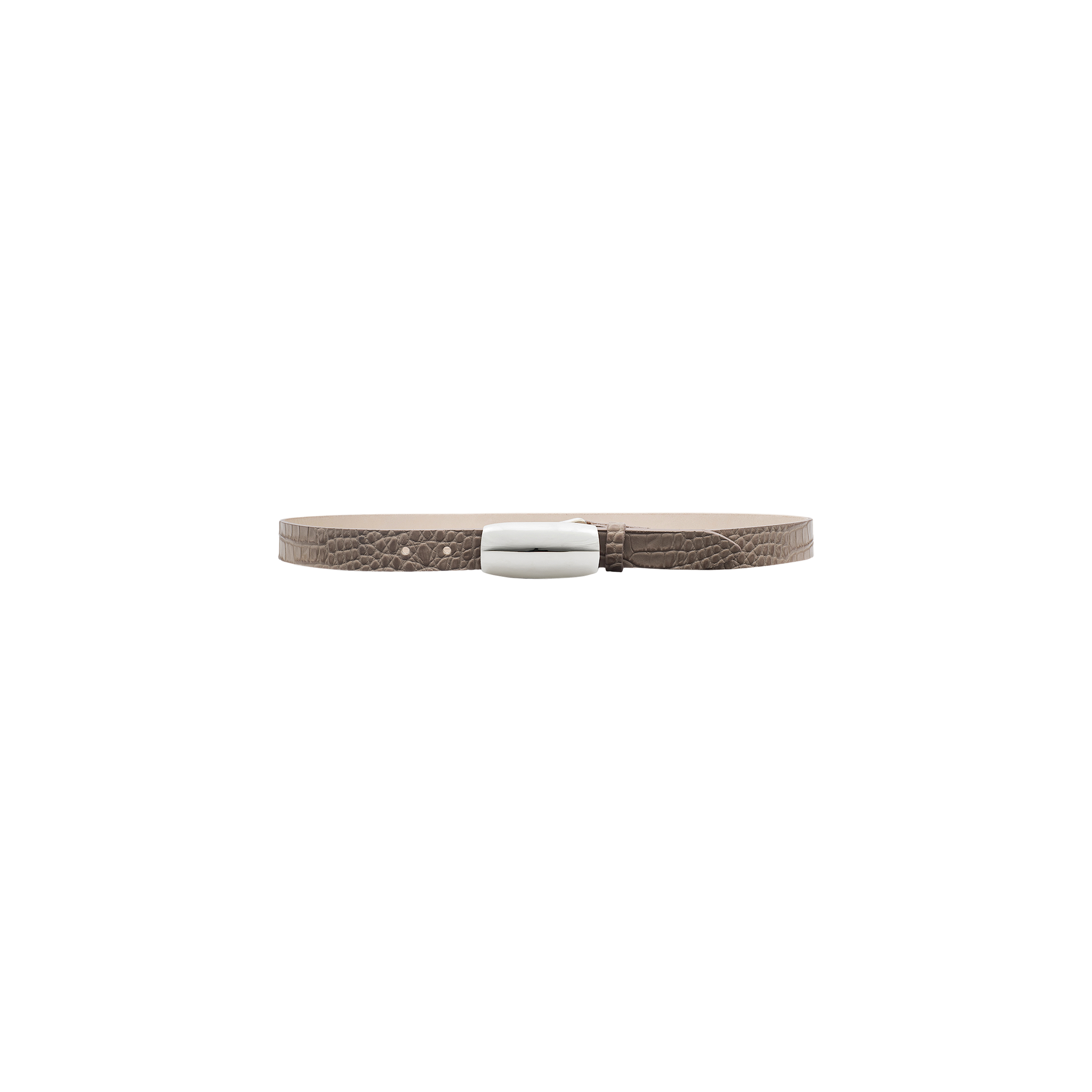 The Marlowe Croc-Embossed Leather Belt, crafted from Italian-sourced leathers, features a textured brown finish and a shiny silver rectangular clasp, displayed against a plain white background.