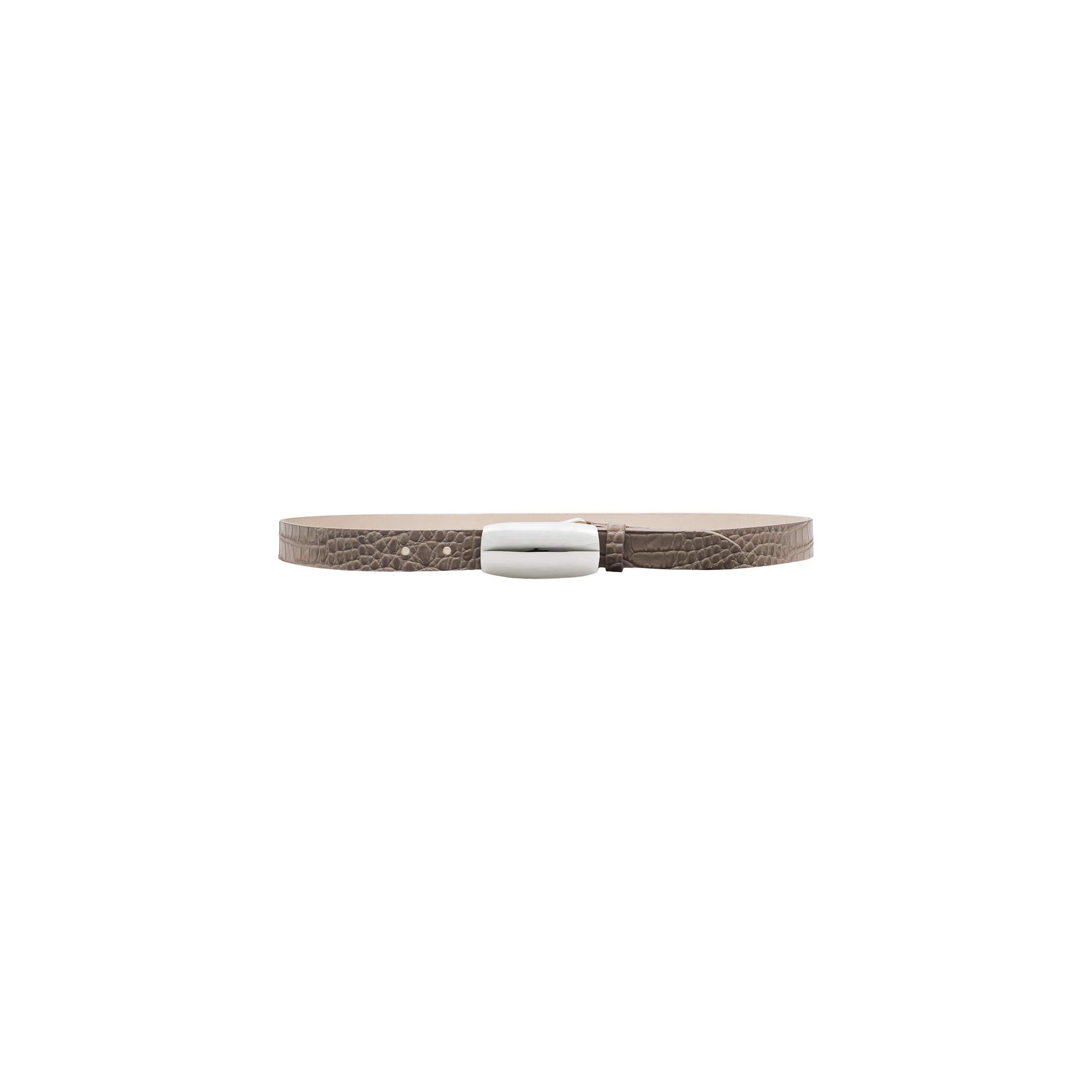 The Marlowe Croc-Embossed Leather Belt, crafted from Italian-sourced leathers, features a textured brown finish and a shiny silver rectangular clasp, displayed against a plain white background.