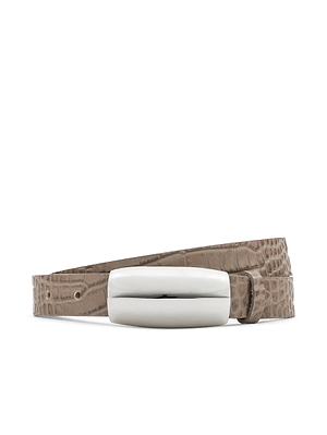 The Marlowe Croc-Embossed Leather Belt is a taupe, handcrafted LA accessory made from Italian leather, featuring a wide shiny silver rectangular buckle. Shown against a white background.