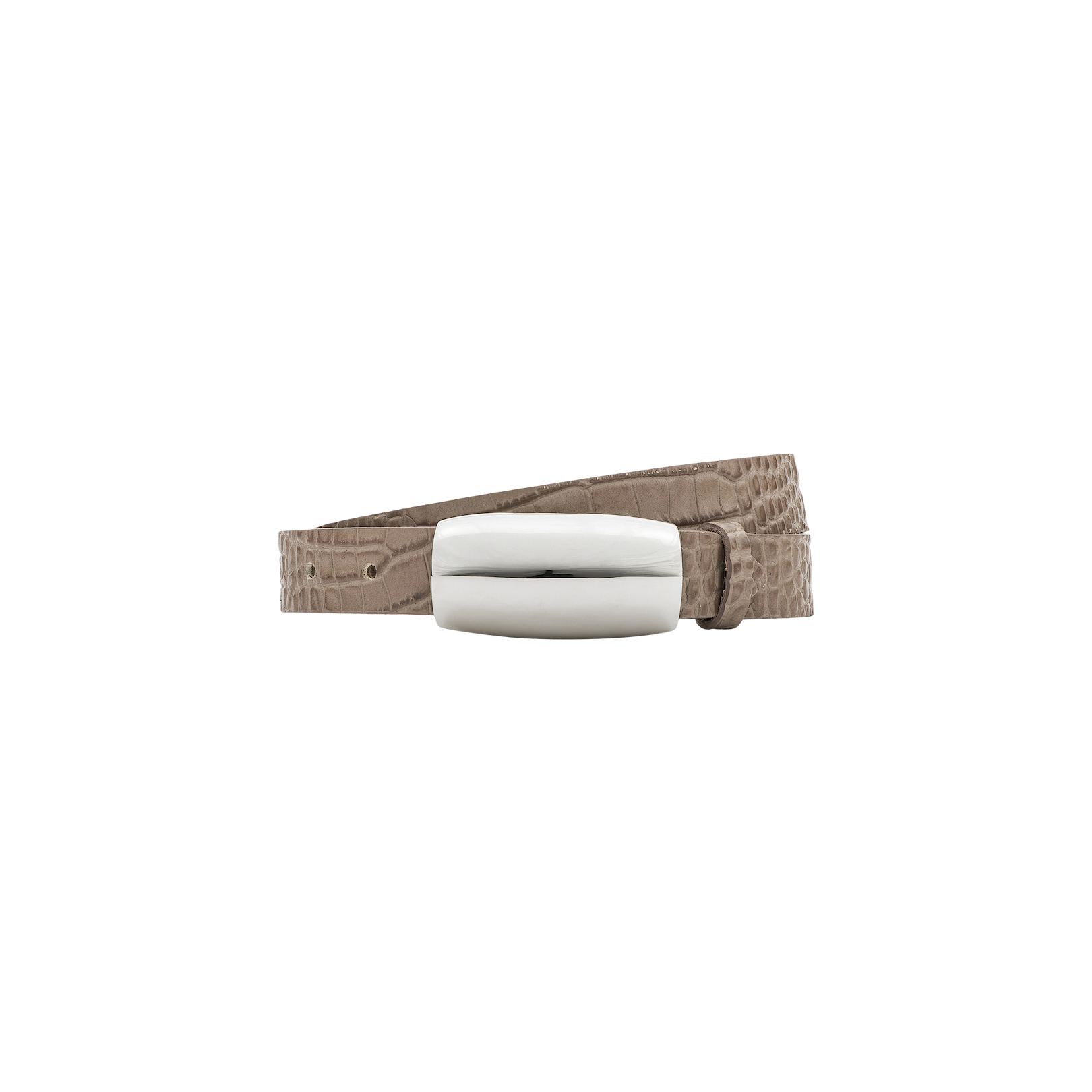 The Marlowe Croc-Embossed Leather Belt, handcrafted in LA from Italian-sourced taupe leather, features a wide, shiny silver rectangular buckle and is displayed on a plain white background.