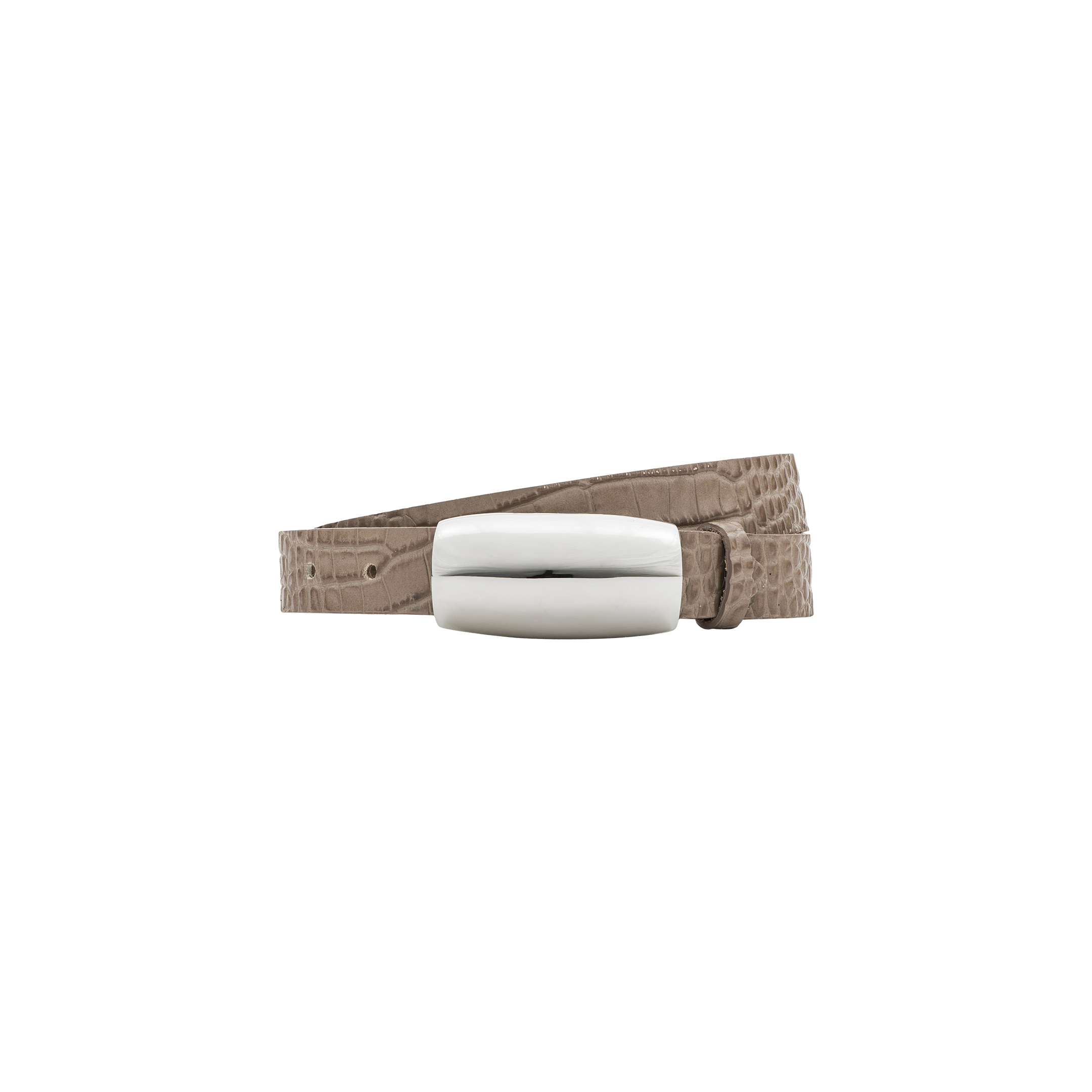 The Marlowe Croc-Embossed Leather Belt, handcrafted in LA from Italian-sourced taupe leather, features a wide, shiny silver rectangular buckle and is displayed on a plain white background.
