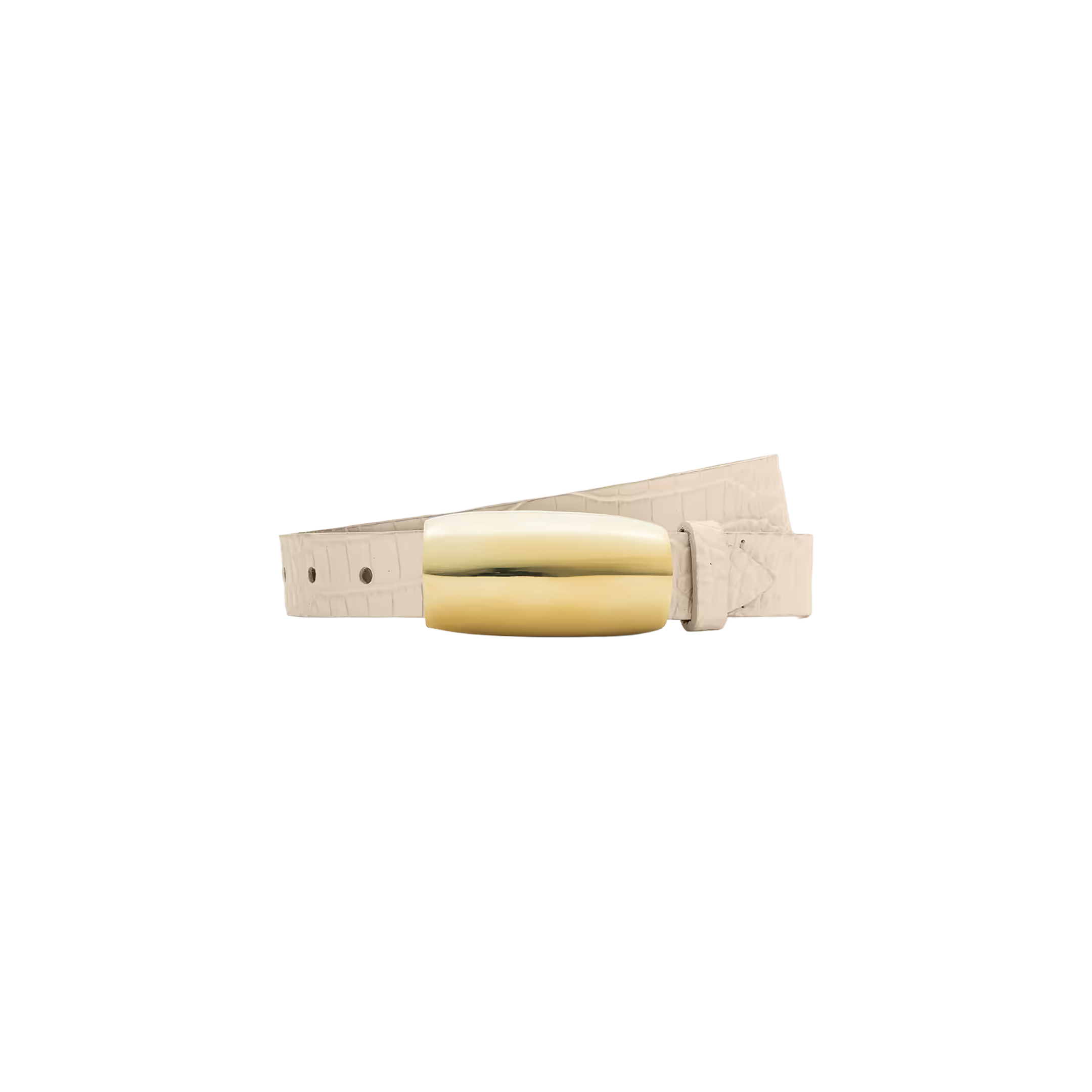 The Marlowe Croc-Embossed Leather Belt, handcrafted in LA from ivory leather, features a shiny gold-plated oval-shaped buckle and is showcased against a plain white background.