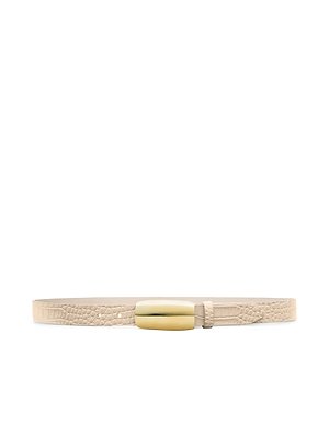 The Marlowe Croc-Embossed Leather Belt features ivory leather with a textured finish and a shiny gold-plated buckle, shown on a plain white background.
