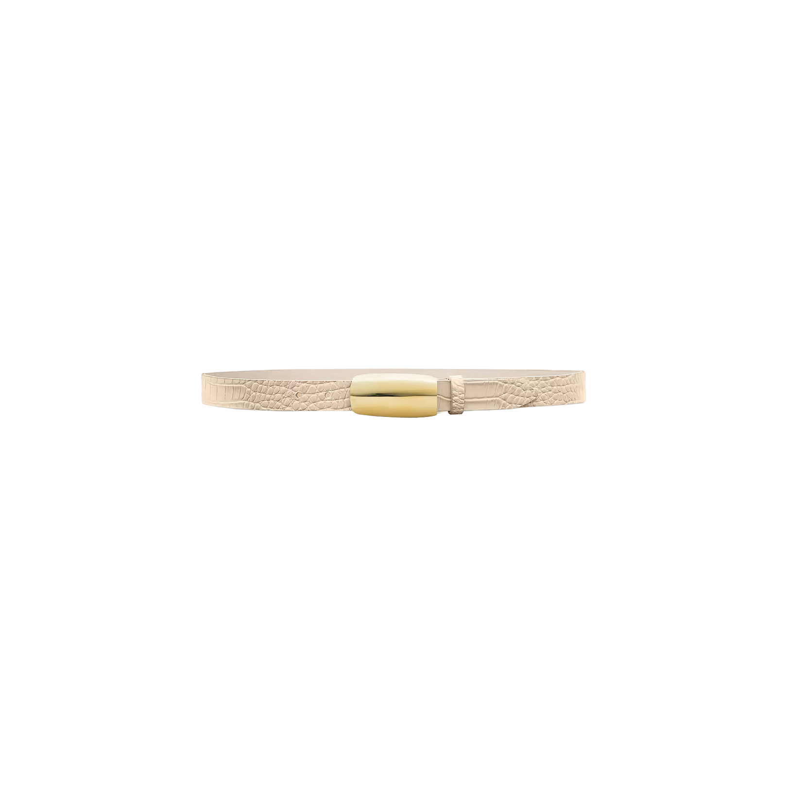 The Marlowe Croc-Embossed Leather Belt, featuring ivory leather with a shiny gold-plated oval buckle, is displayed on a plain white background.