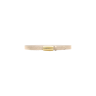 The Marlowe Croc-Embossed Leather Belt, featuring ivory leather with a shiny gold-plated oval buckle, is displayed on a plain white background.