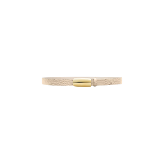 The Marlowe Croc-Embossed Leather Belt, handcrafted in LA from ivory croc-embossed leather, showcases a shiny gold-plated oval buckle and is displayed on a plain white background.
