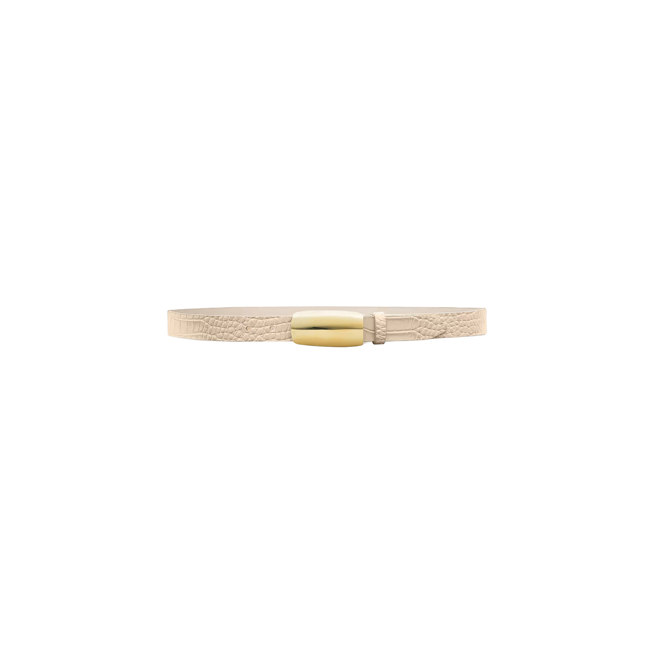 The Marlowe Croc-Embossed Leather Belt, featuring ivory leather with a shiny gold-plated oval buckle, is displayed on a plain white background.