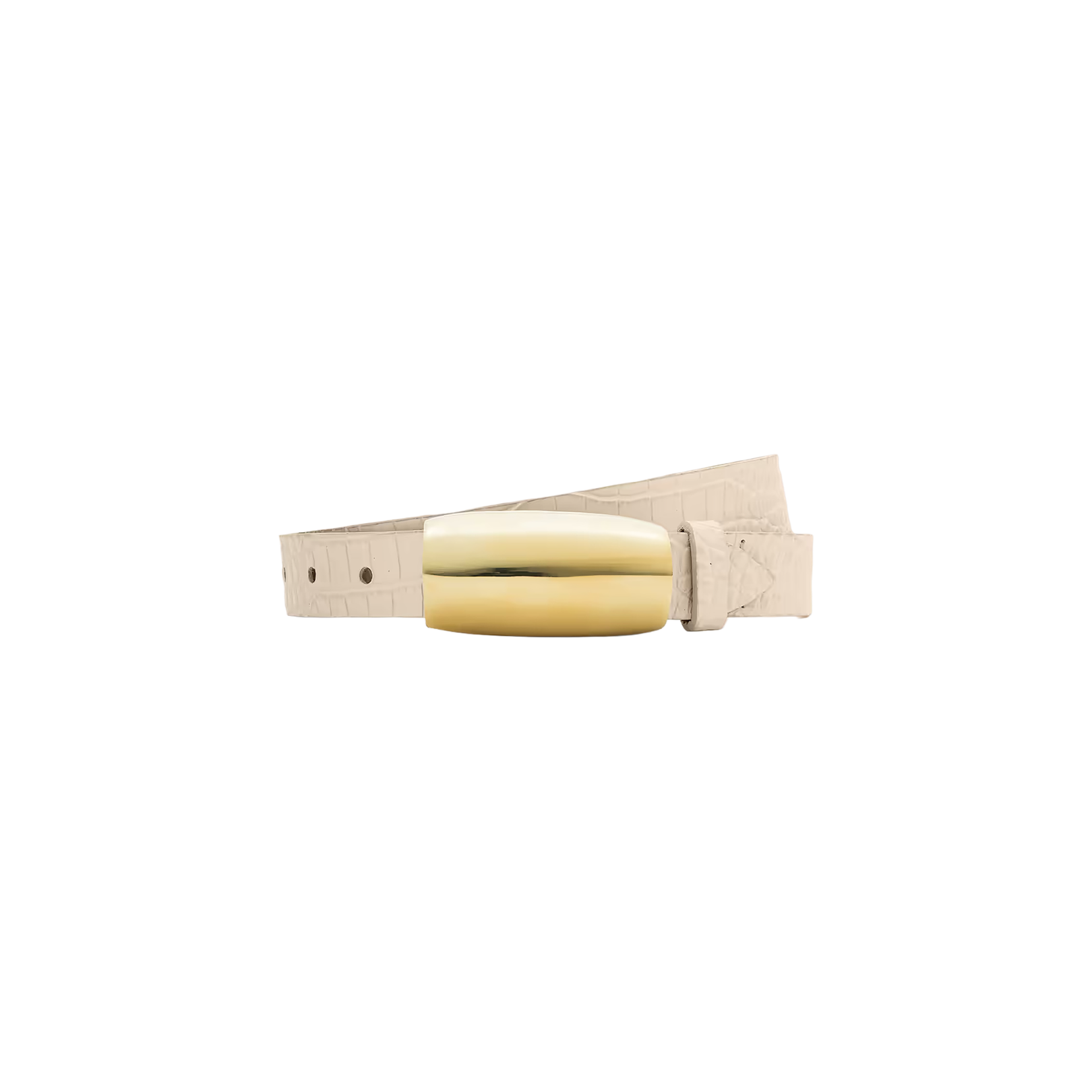 The Marlowe Croc-Embossed Leather Belt, handcrafted in LA from ivory croc-embossed leather and featuring a shiny gold-plated rectangular buckle, is displayed on a plain white background.