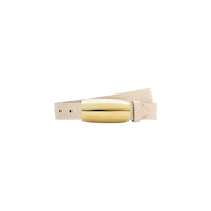 The Marlowe Croc-Embossed Leather Belt, handcrafted in LA from ivory croc-embossed leather and featuring a shiny gold-plated rectangular buckle, is displayed on a plain white background.
