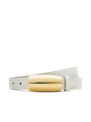 The Marlowe Croc-Embossed Leather Belt, featuring vintage white leather and a large shiny gold-plated buckle, is displayed against a plain white background.