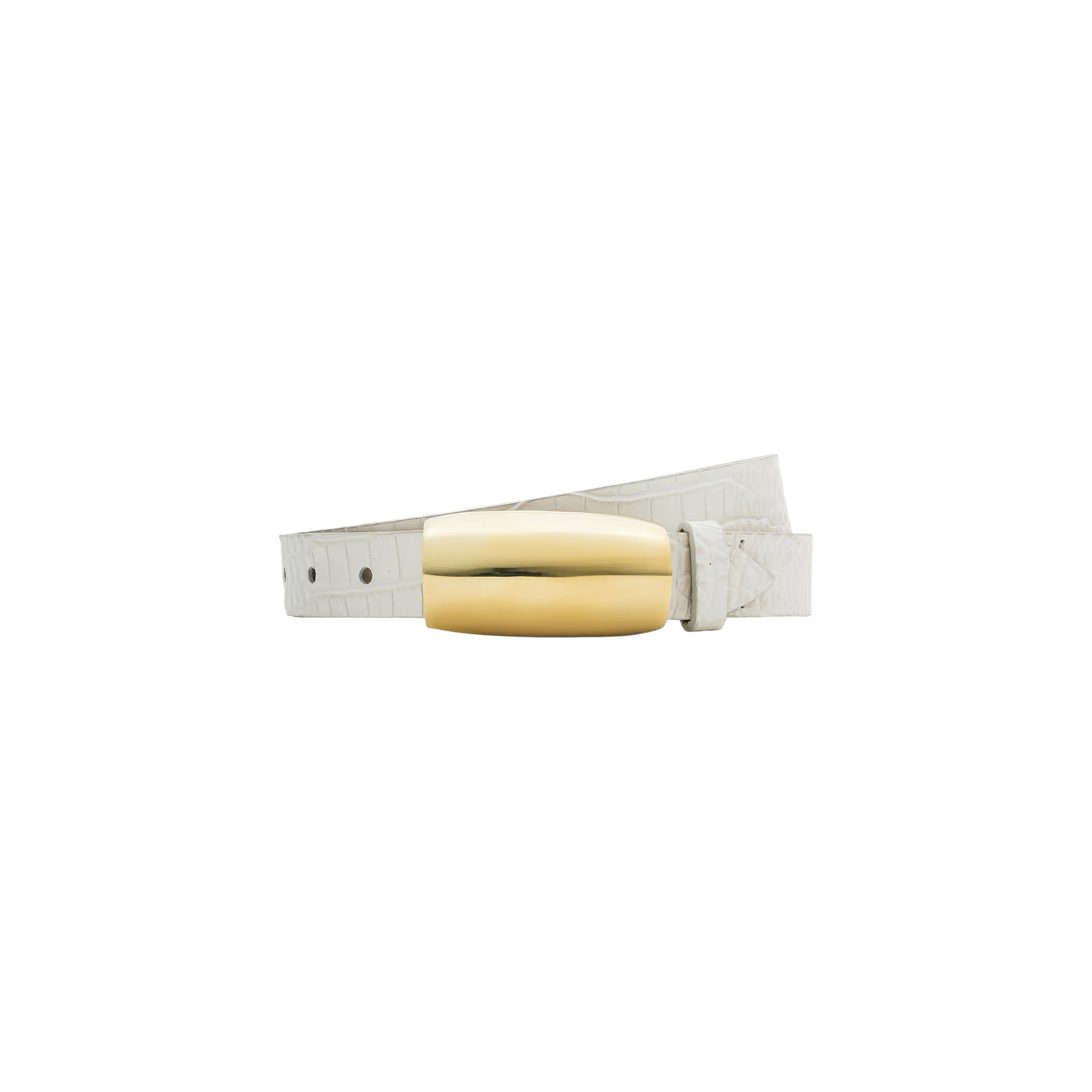 The Marlowe Croc-Embossed Leather Belt, featuring a vintage white finish and a shiny rectangular gold-plated buckle, is displayed against a plain white background.