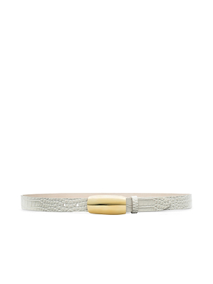 The Marlowe Croc-Embossed Leather Belt showcases vintage white croc-embossed leather, a rounded shiny gold-plated buckle, and subtle textured detailing for a timeless accessory.