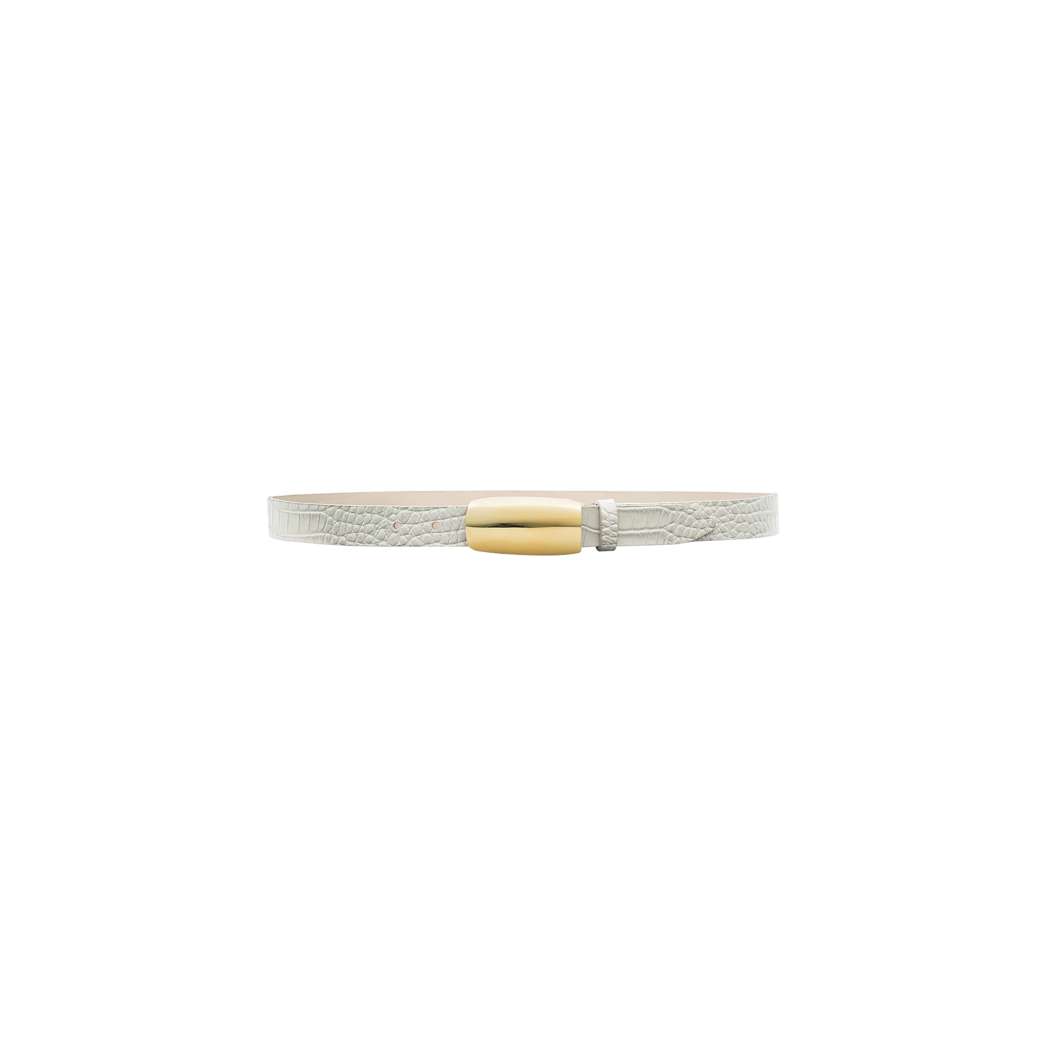 The Marlowe Croc-Embossed Leather Belt is a slim, vintage-inspired white belt featuring croc-embossed leather and a gold-plated and silver rectangular buckle, shown against a plain white background.