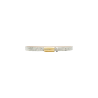Introducing the Marlowe Croc-Embossed Leather Belt—crafted in textured white leather with a vintage-inspired croc pattern and finished with an elegant gold and silver clasp, shown here on a plain white background.