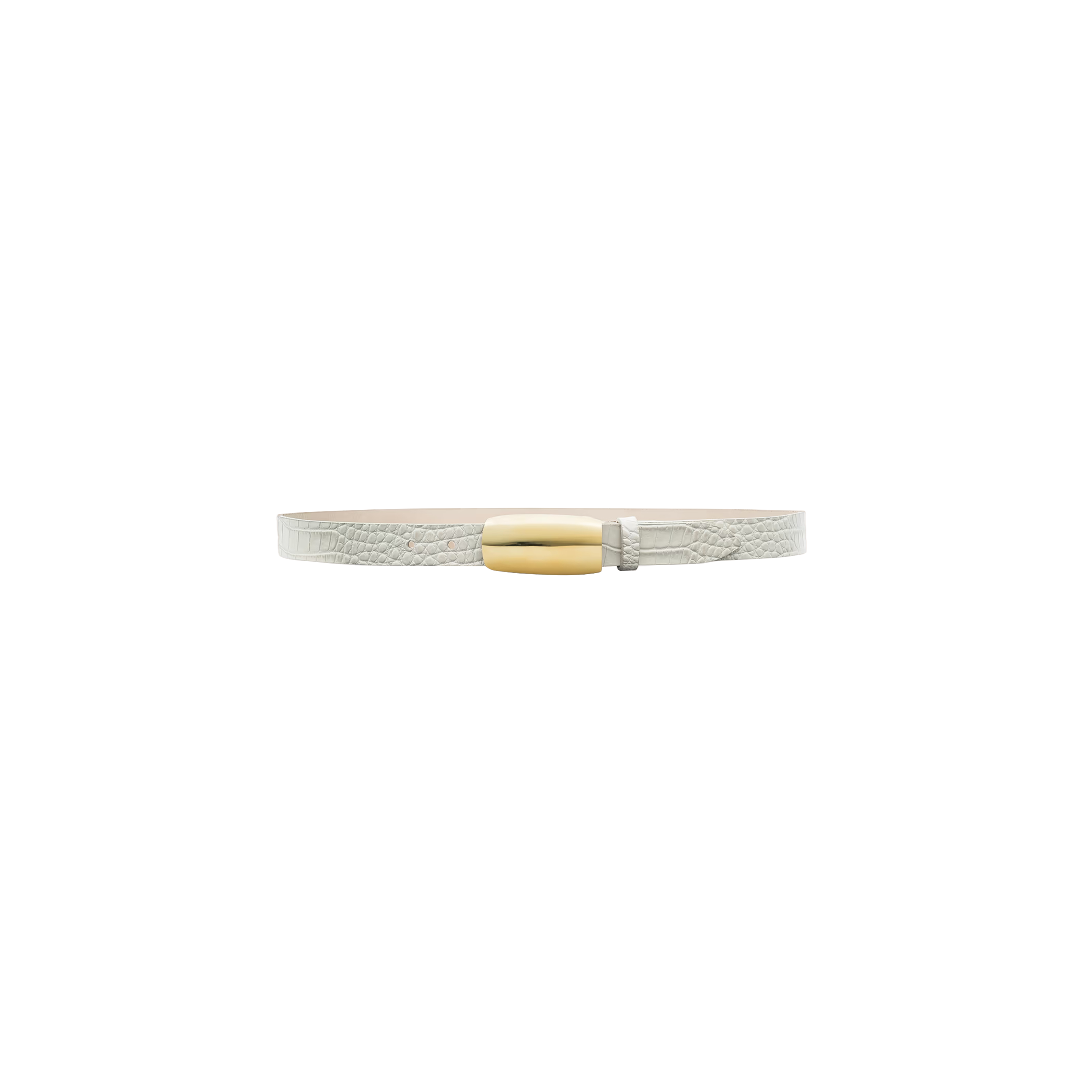 The Marlowe Croc-Embossed Leather Belt is a slim, vintage-inspired white belt featuring croc-embossed leather and a gold-plated and silver rectangular buckle, shown against a plain white background.