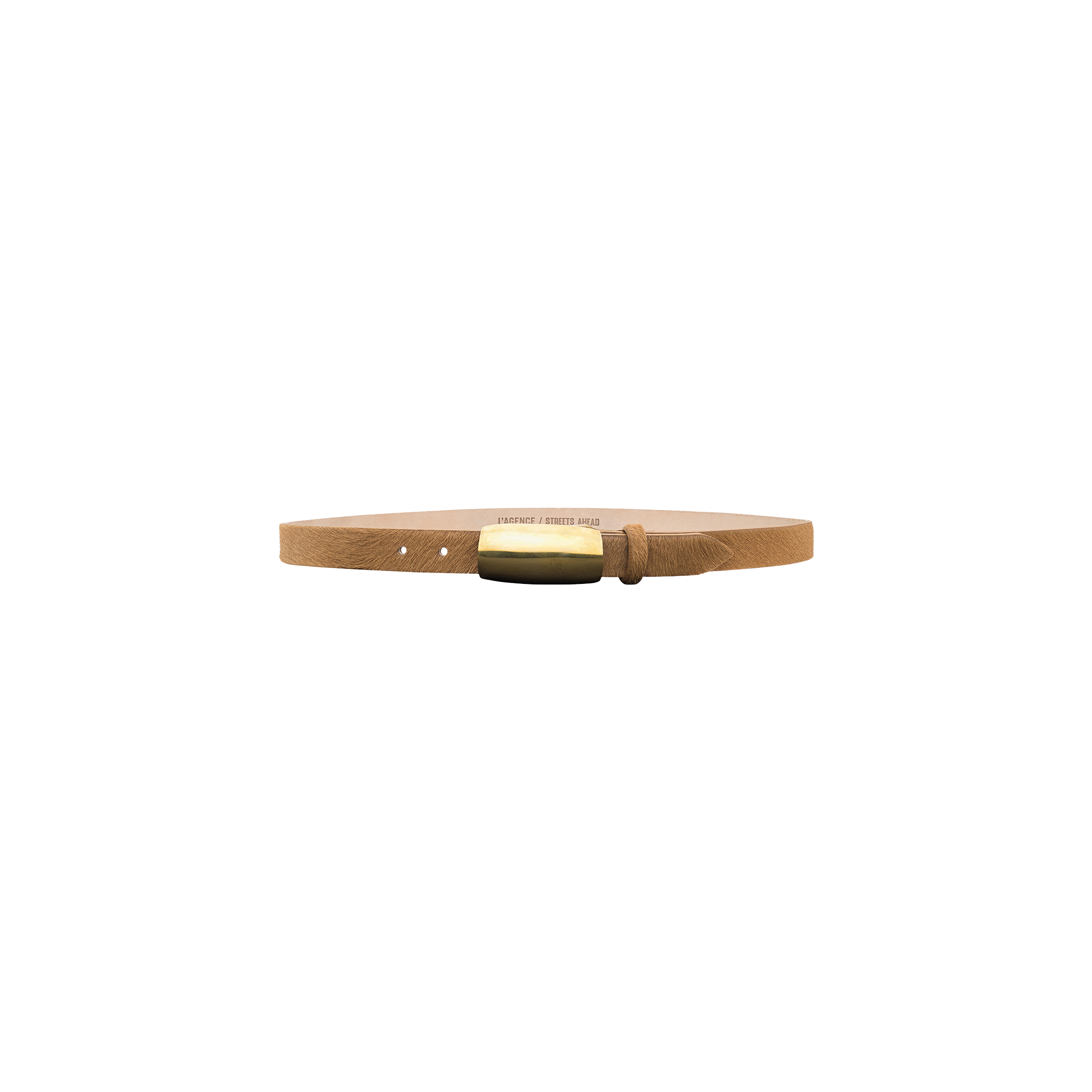 The Marlowe Belt is a slim Italian leather belt in tan, featuring a rectangular gold buckle and displayed on a plain white background.