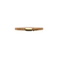The Marlowe Belt is a slim Italian leather belt in tan, featuring a rectangular gold buckle and displayed on a plain white background.