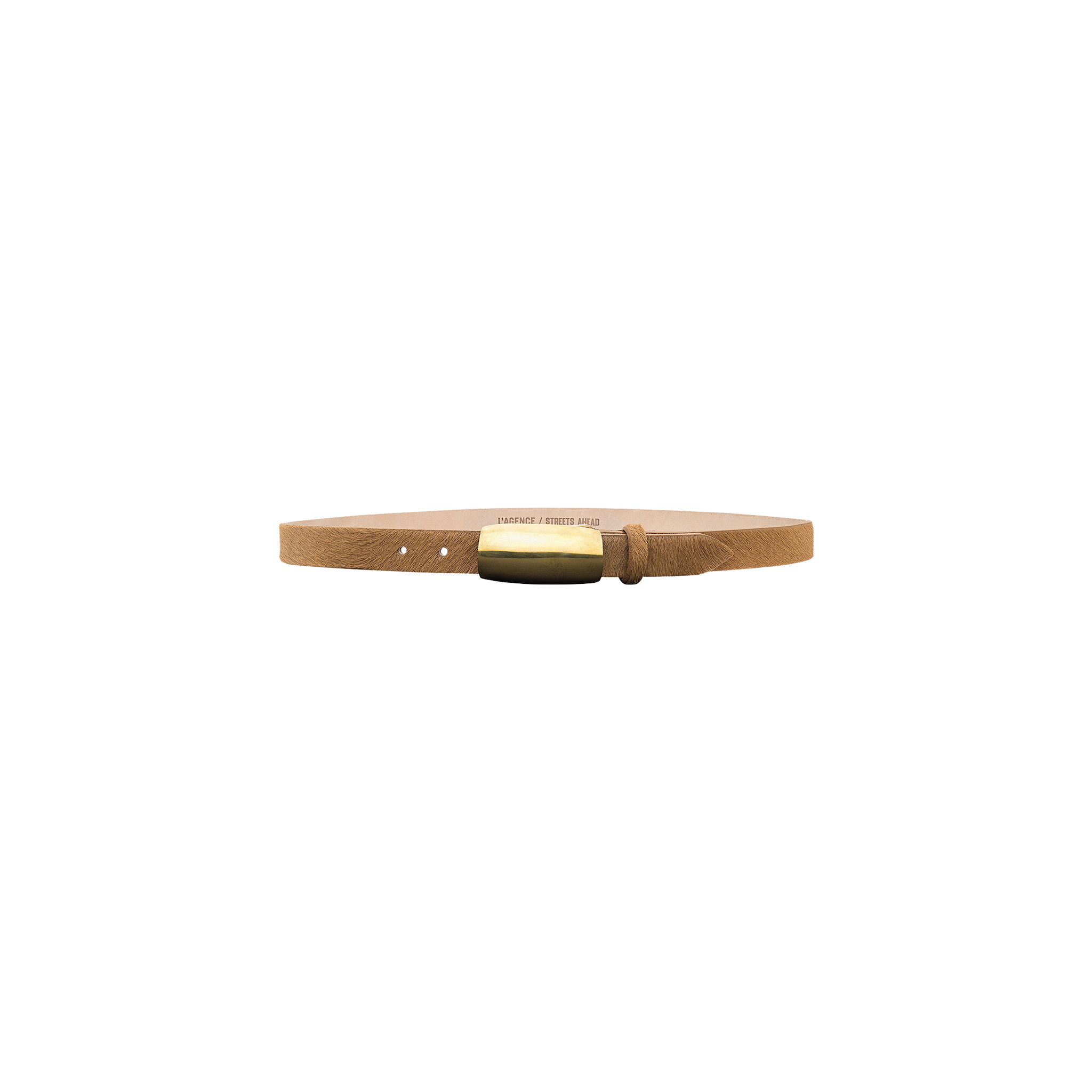 The Marlowe Belt is a slim Italian leather belt in tan, featuring a rectangular gold buckle and displayed on a plain white background.