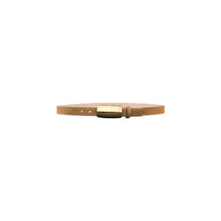 The Marlowe Belt is a slim Italian leather belt in tan, featuring a rectangular gold buckle and displayed on a plain white background.