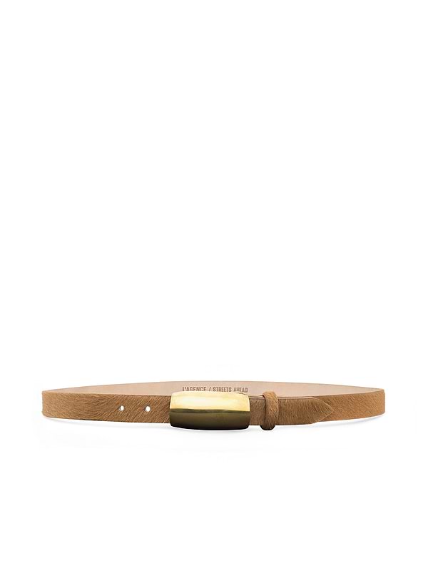 The Marlowe Belt is a tan Italian leather belt with a smooth finish and a rectangular gold buckle, showcasing a minimalist design, displayed on a plain white background.