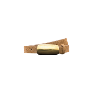 The Marlowe Belt, handcrafted from tan Italian leather and finished with a large rectangular gold buckle, is coiled neatly on a white background.